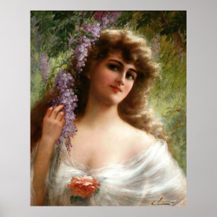 Poster Senhora da Vintage com flores roxas e Rosa de pêss