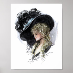 Póster Senhora do vintage com o chapéu azul espectacular