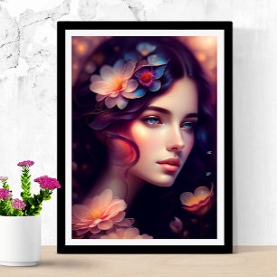Poster Senhora Elegante Com Flores Azuis Cor-De-Rosa Lara