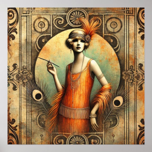 Poster Senhora Flapper Elegante em um Vestido Laranja, Ar (Frente)