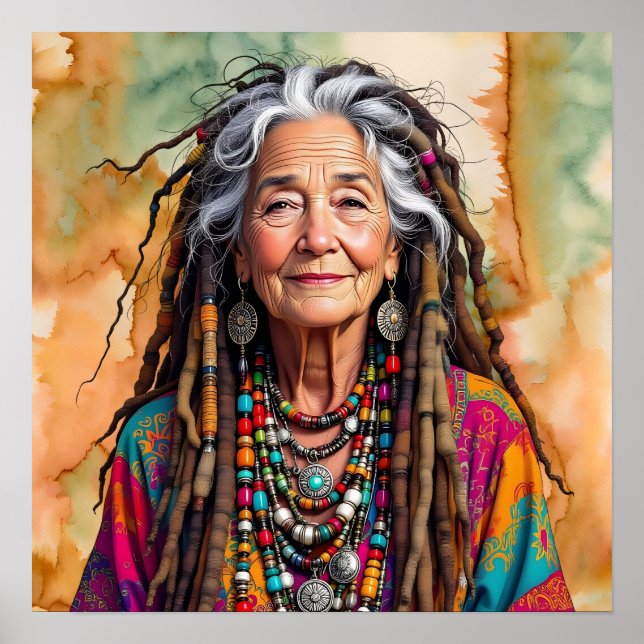 Poster Senhora Idosa Legal em Mulher Hippie de Rastas (Frente)