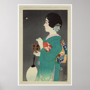 Póster Senhora japonesa Holding Gaiola dos vaga-lume -