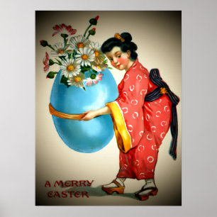 Póster Senhora Japonesa Vintage, Vaso de Ovo com Flores,