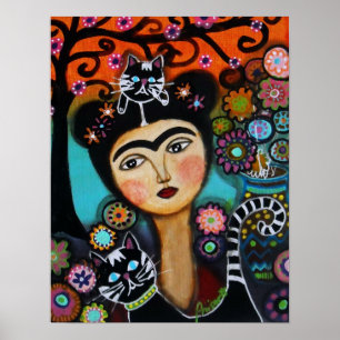 Póster Senhora mexicana dia do gato da pintura inoperante