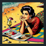 Poster Senhora Retro no Dia da Praia sonhando com a Moda<br><div class="desc">A pop de arte retrógrada em um meio século de 1950 bebendo um coquetel e um dia sonhando com a moda lendo uma revista na praia.</div>