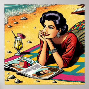 Poster Senhora Retro no Dia da Praia sonhando com a Moda