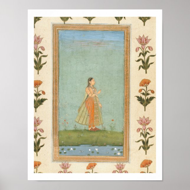 Póster Senhora segurando uma flor, parada por uma lagoa d (Frente)