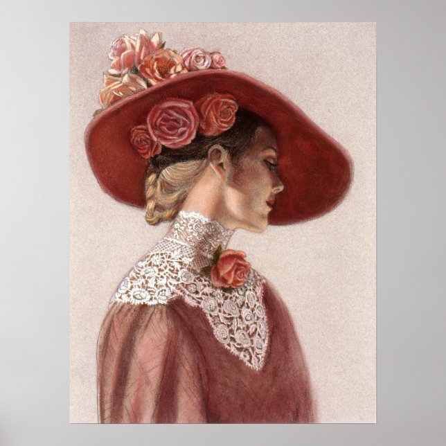 Poster Senhora Victoriana Elegante, Rosa Hat Decor Art Po (Frente)