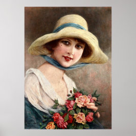Poster Senhora Vintage Com Buquê De Rosas