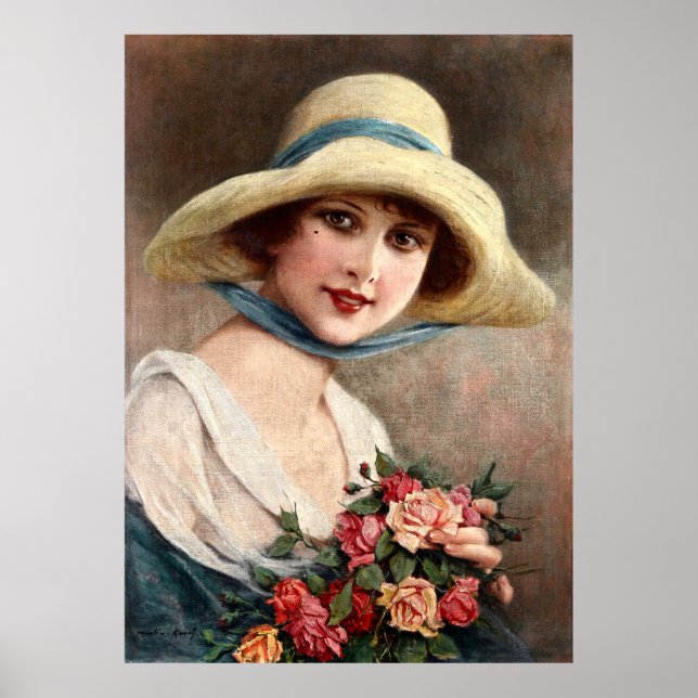 Poster Senhora Vintage Com Buquê De Rosas (Frente)