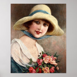 Poster Senhora Vintage Com Buquê De Rosas