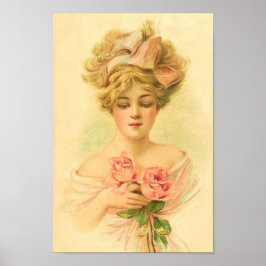 Poster Senhora Vintage com Rosas Rosa Restauradas Arte