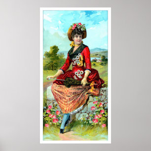 Poster Senhora Vintage Em Flores Vermelhas Parasol Vermel