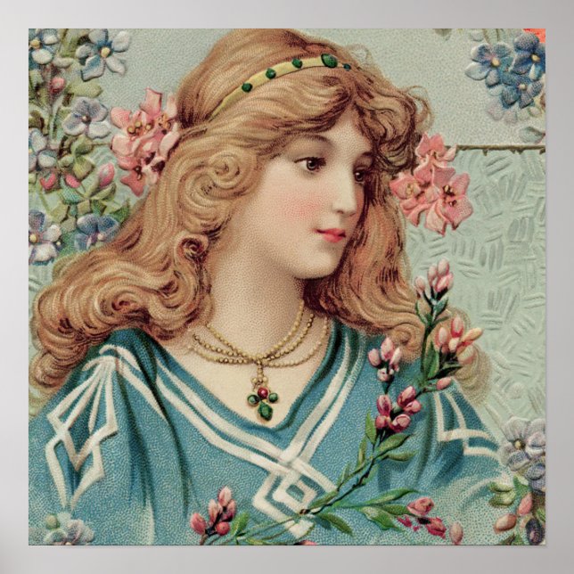 Poster Senhora Vitoriana com Flores Rosa no Cabelo (Frente)