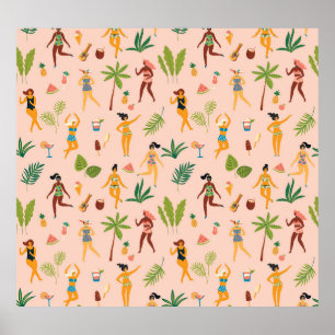 Poster Senhoras dançantes, padrão das folhas de palma.
