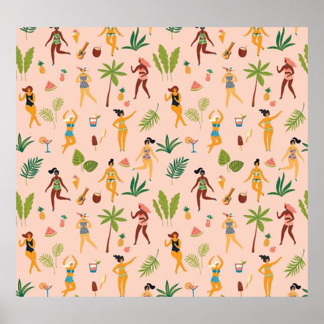 Poster Senhoras dançantes, padrão das folhas de palma. (Frente)