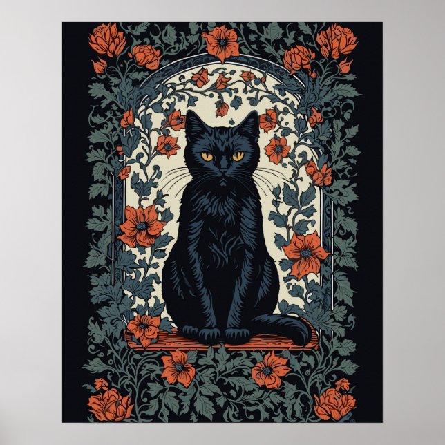 Poster Sentado Black Cat Vintage Floral (Frente)