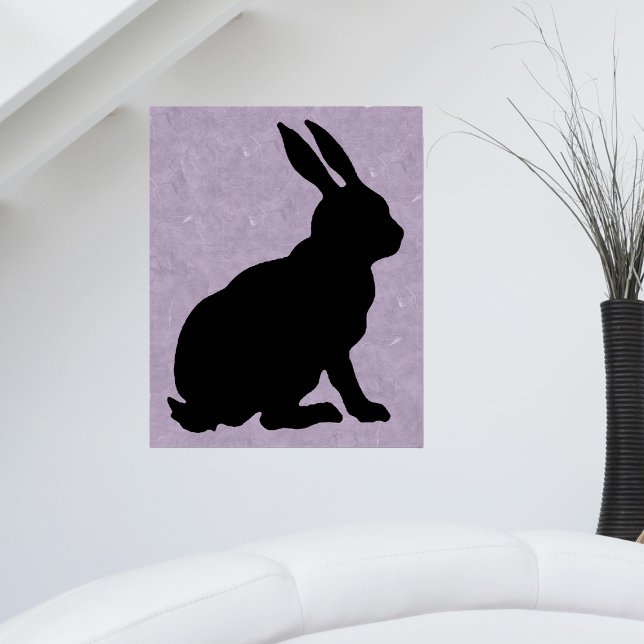 Poster Sentado Coelho Negro Lama de lágrimas Roxo (Sitting black silhouette rabbit tall ears on marbled purple artwork poster.)