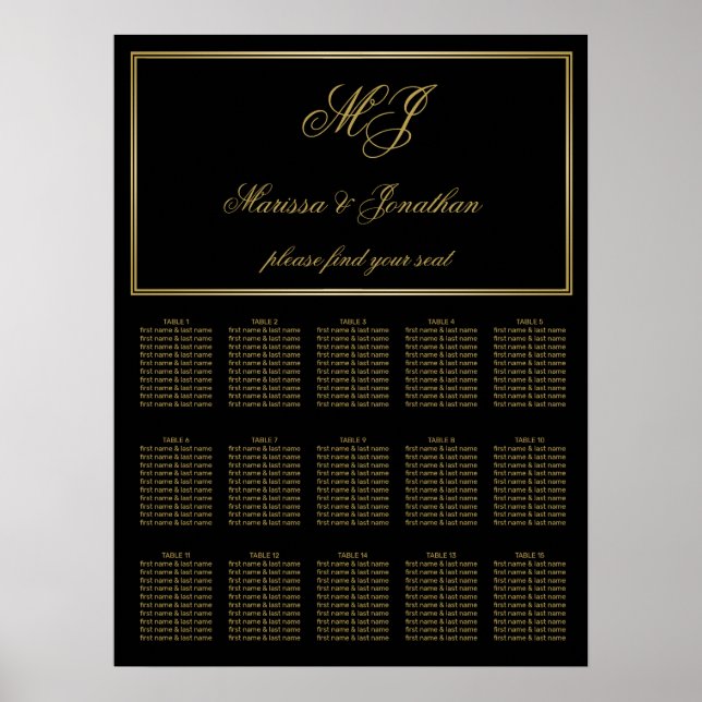 Poster Sentado de Casamento de Script Monograma Dourado E (Frente)