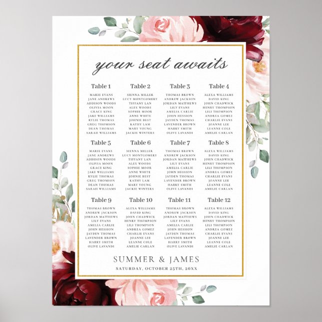 Poster Sentado De Casamento Floral Cor-De-Rosa Blush Burg (Frente)