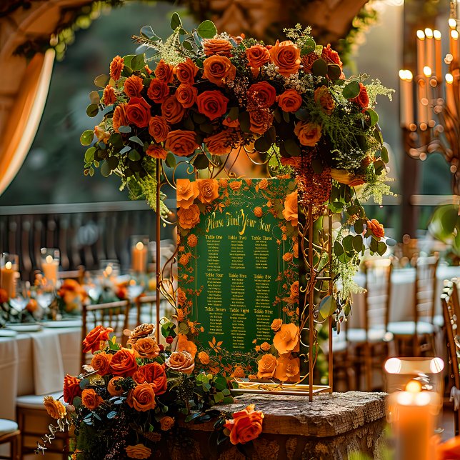 Póster Sentado Verde, Dourado e Laranja Celular Encantado (Enchanting Orange and Green Druid-Hill Wedding Seating Chart Poster )