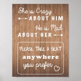 Poster Sente-se, sinal de casamento de madeira ou preto