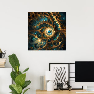 Poster Sentido De Arte Fractal Dourada E Teal,