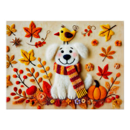 Póster Sentiu Cachorro com Folhas de outono e um Pássaro