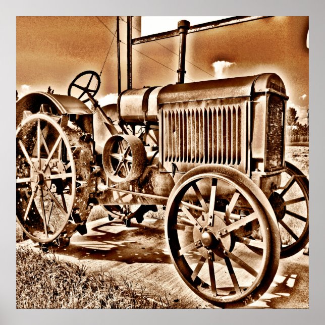 Póster Sepia Clássica de Equipamento de Fazenda de Trator (Frente)