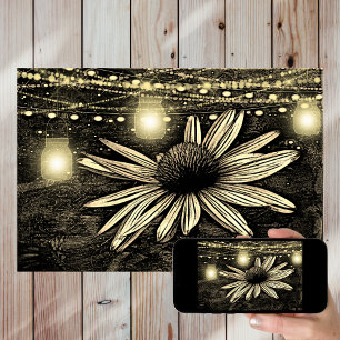 Poster Sepia Tonelada Coneflower sob Luzes de Jar do Ouro