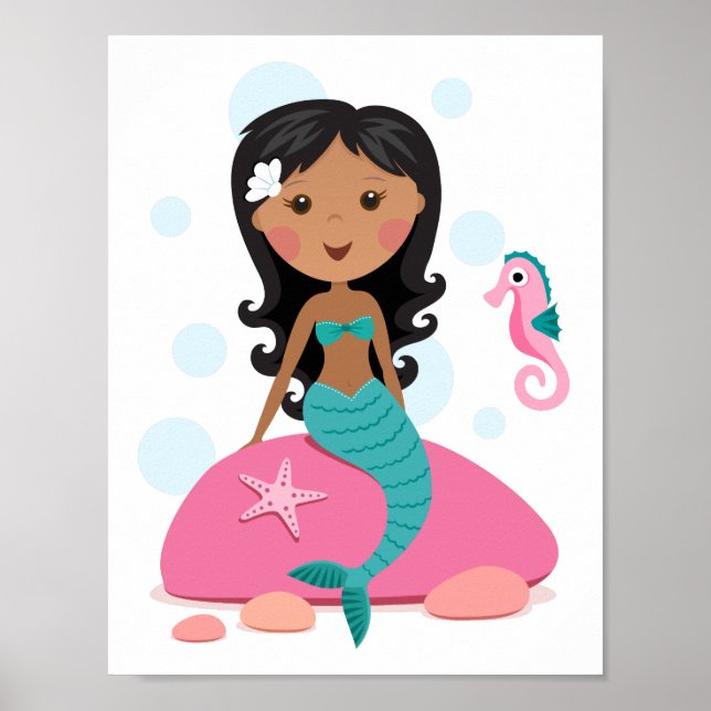 Póster Sereia afro-americana menina estrela-do-mar cavalo (Frente)