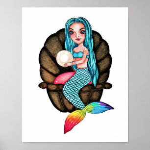 Poster Sereia Arco-Íris Com Pérola Em Aquarela