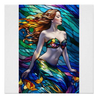 Póster sereia arco-íris de vidro retido