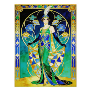 Póster Sereia Art Déco Glamurosa em Poster Azul e Verde.
