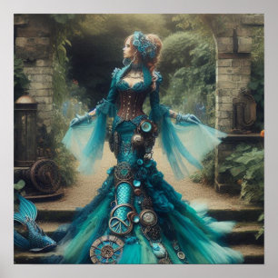 Poster Sereia Azul Esverdeada Steampunk Dama Vitoriana Vi