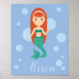 Póster Sereia bonita com cabelo vermelho nadando no ocean