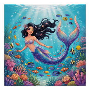 Póster Sereia Bonita de Desenho Animado sob o Mar