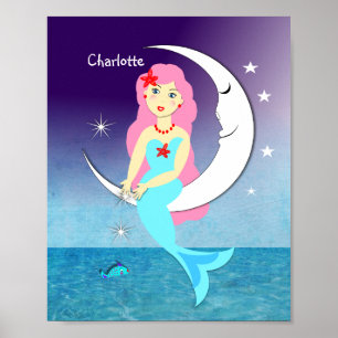 Póster Sereia bonito Na Lua Personalizada