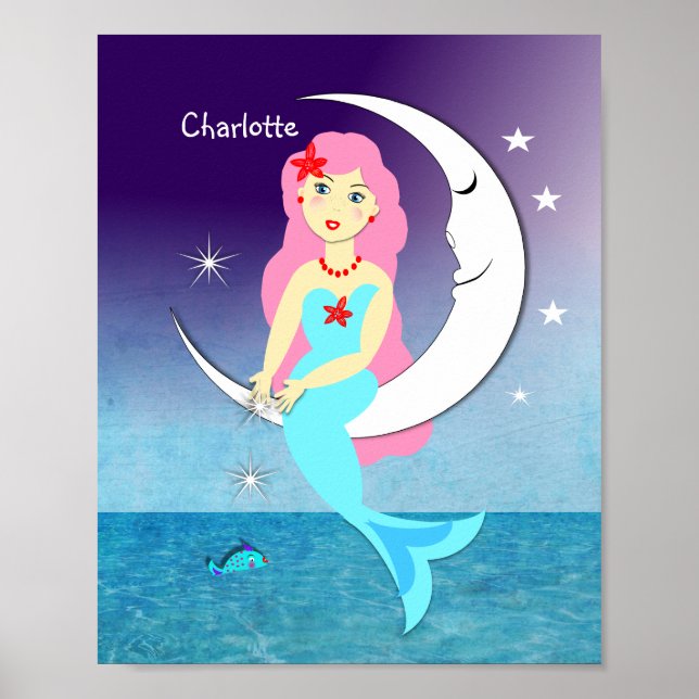 Póster Sereia bonito Na Lua Personalizada (Frente)