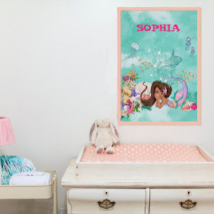 Poster Sereia Cabelo Escuro Estrela-do-Mar Rosa Fofa Pess