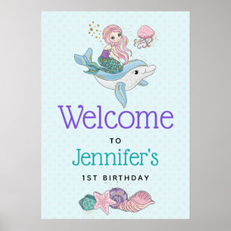 Poster Sereia cavalgando um golfinho sob o próximo aniver