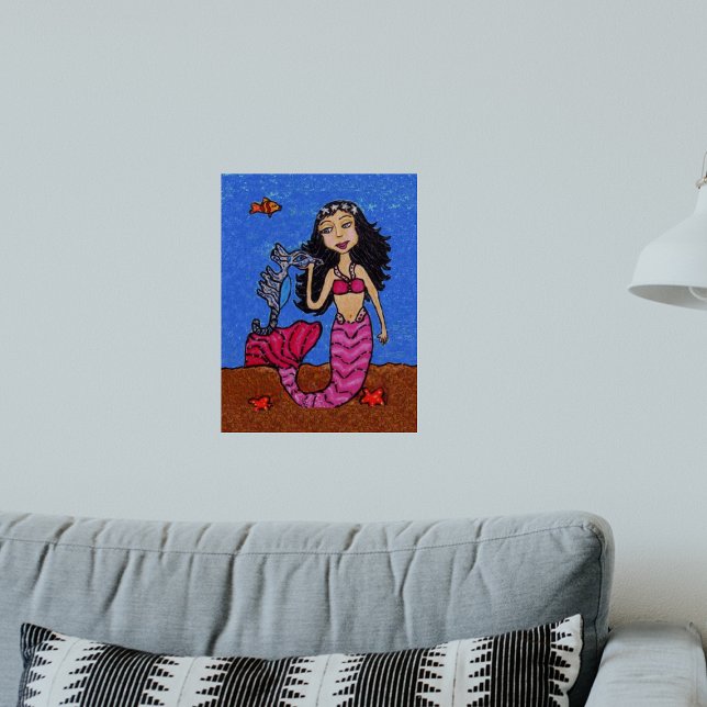 Poster Sereia Cavalo-Marinho Peixe Bonito de Cabelo Escur (Cute mermaid pink tail with star fish, seahorse in ocean blue water on wall art poster.)