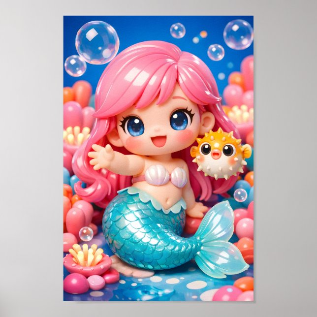 Poster Sereia Chibi Fofa com Amigo Peixe-Balão mar (Frente)