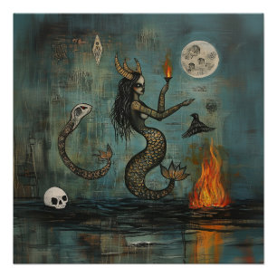 Póster Sereia Chorada Moon Witchy AI Art Semi-Gloss