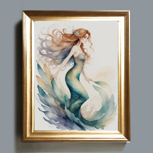Poster Sereia com Cabelo Vermelho de Pintura Watercolor