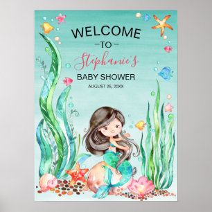 Poster Sereia de Aquarela Cuta Sob O Chá de fraldas Mari
