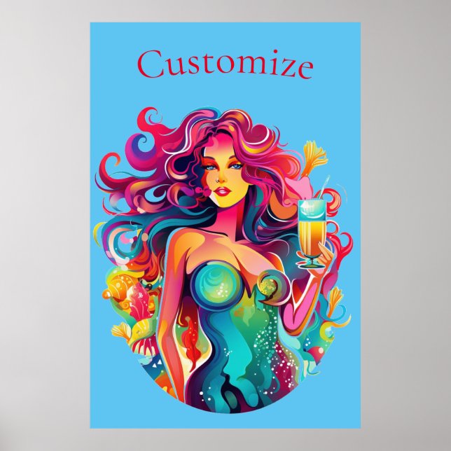 Poster Sereia de cabelo arco-íris com coquetel Thunder_Co (Frente)