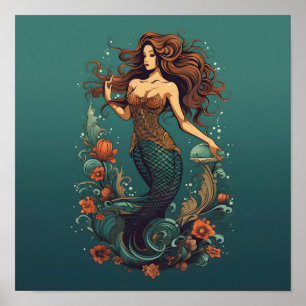 Poster Sereia dentro de um círculo de flores