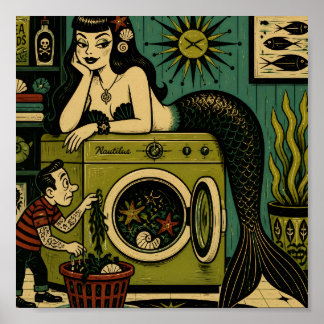 Poster Sereia do Mar Divertida dos Meados do Século Dia d
