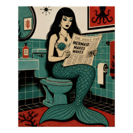 Póster Sereia dos Meados do Século no Banheiro Lendo Jorn